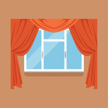 Flat window with red curtains on brown wall clipart