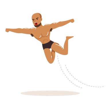 Cartoon muscularity wrestler in high flying action clipart