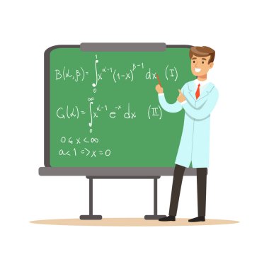 Fizikçi blackboard matematiksel formüller ile yanında duruyor