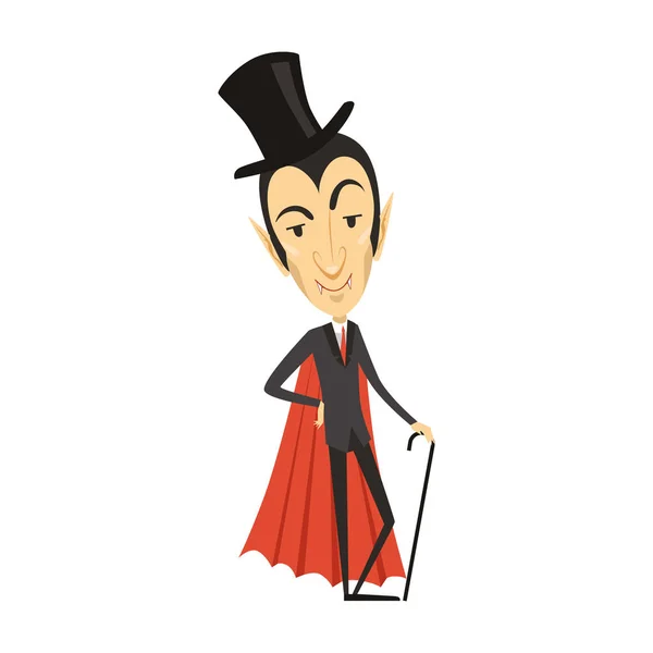 Conde Drácula, vampiro de fato, capa vermelha, chapéu de cilindro — Vetor de Stock