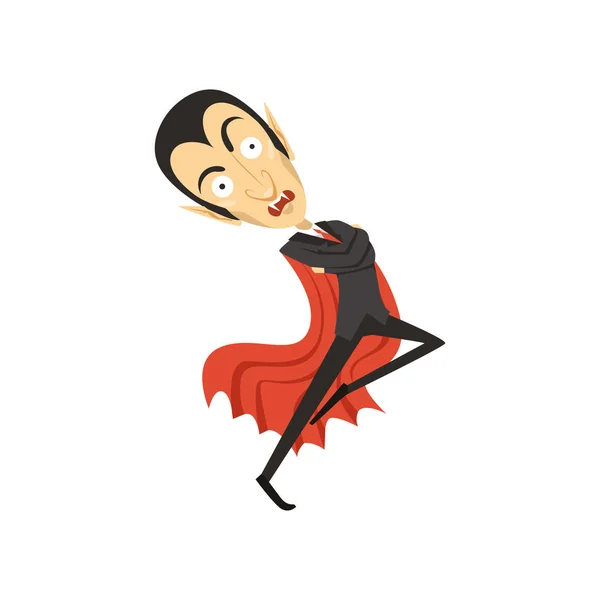 Conde Drácula, vampiro bailando en traje negro y capa roja — Archivo Imágenes Vectoriales