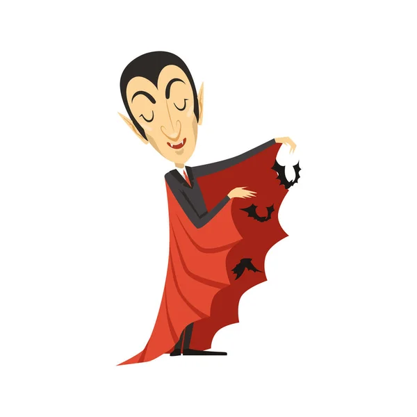 Count Dracula and flying bats, vampire in suit and red cape — Stock Vector