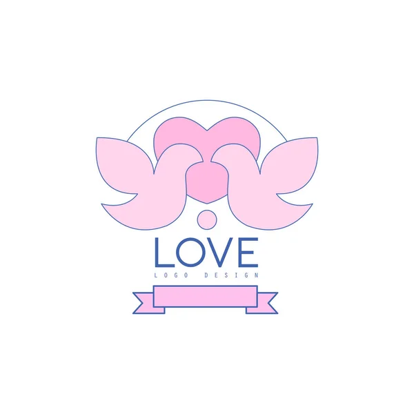 Love line logo design with love doves, heart and ribbon — Stock Vector