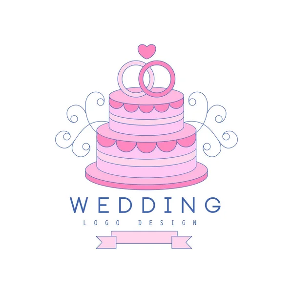 Line logo design with wedding cake and rings on top — Stock Vector