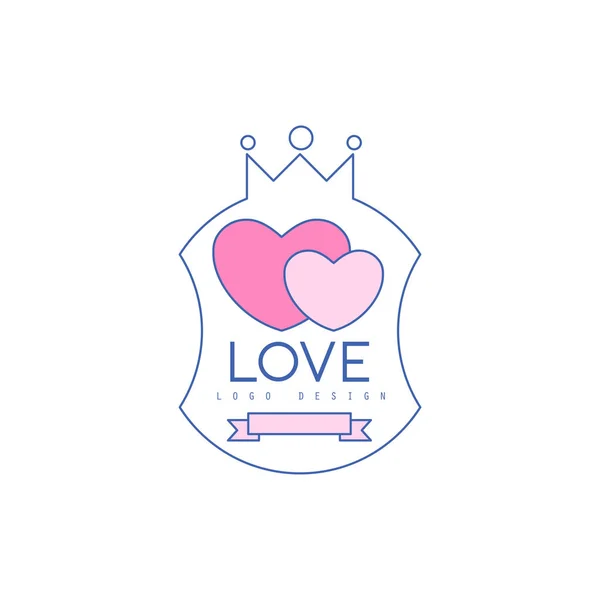 Cute line logo design with pink hearts and crown — Stock Vector