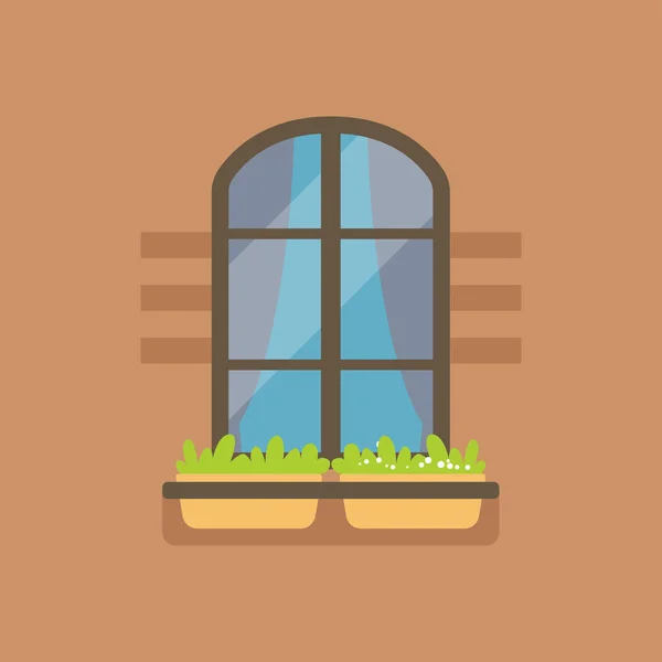 Düz kemerli pencere ve saksı çiçekleri — Stok Vektör