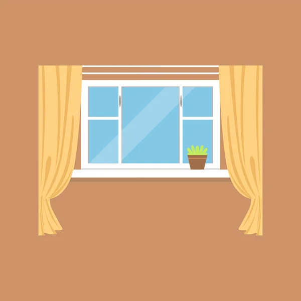 Fenêtre plate avec rideaux sur mur brun — Image vectorielle