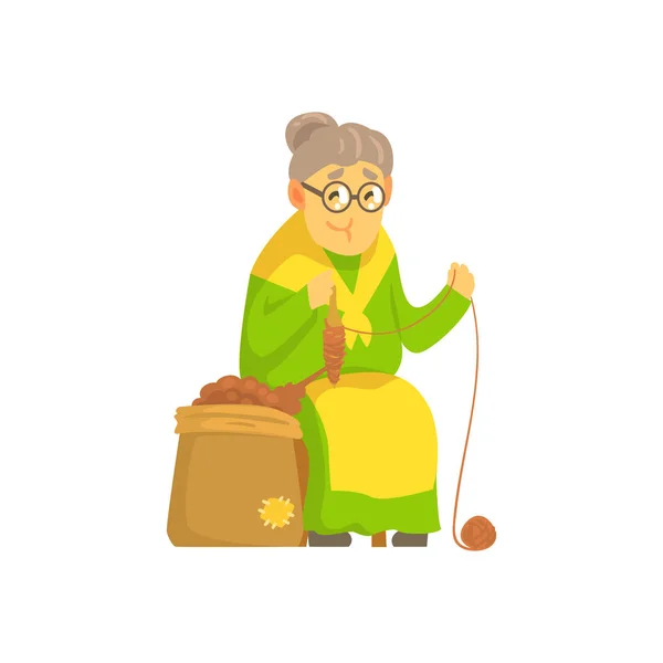 Old lady spinning ball of wool — Stock Vector