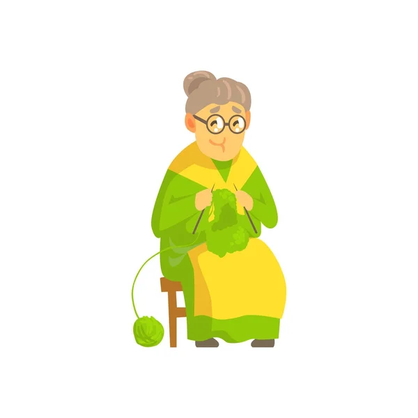 Öreg hölgy a kötés, gyapjú termék — Stock Vector