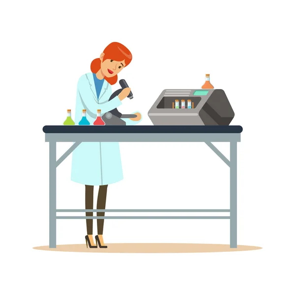 Doctor woman working with microscope and testing tubes in the lab — Stock Vector