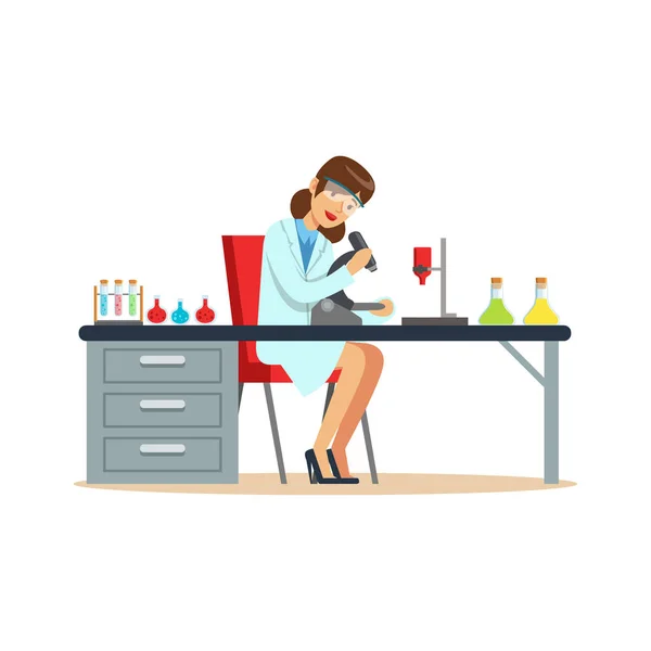 Woman chemist working with microscope and testing tubes in the laboratory — Stock Vector