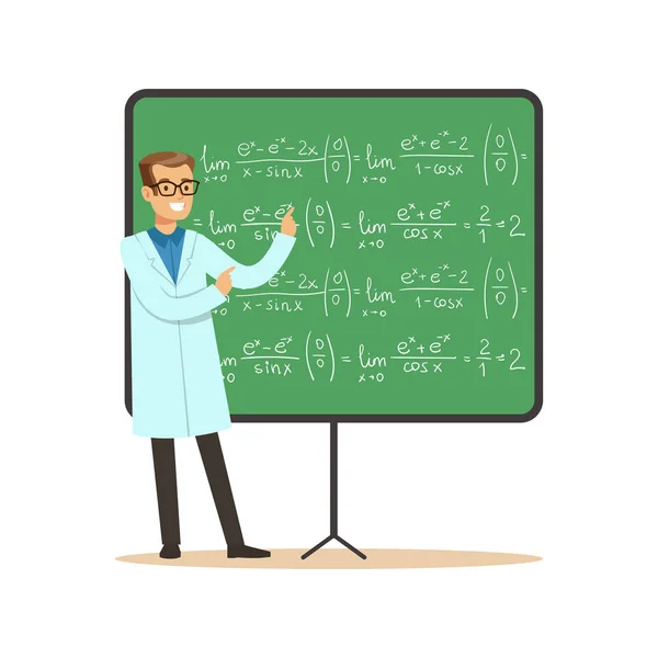 Διδάκτωρ Μαθηματικών Επιστημών στέκεται δίπλα στον μαυροπίνακα με τύπους — Διανυσματικό Αρχείο