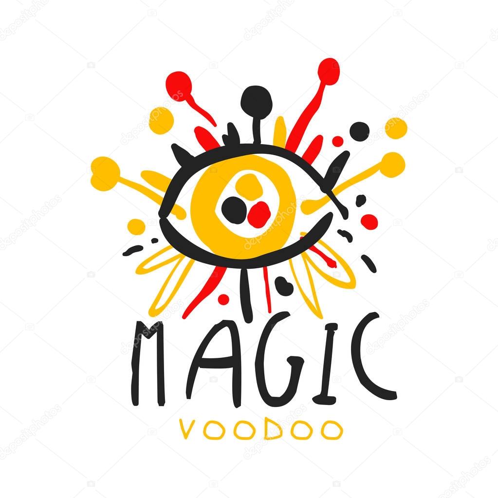 Voodoo African and American magic logo or label design, abstract eye with needles. Spiritual, magical, cultural symbols. Traditional religion. Hand drawn mystical vector illustration isolated on white