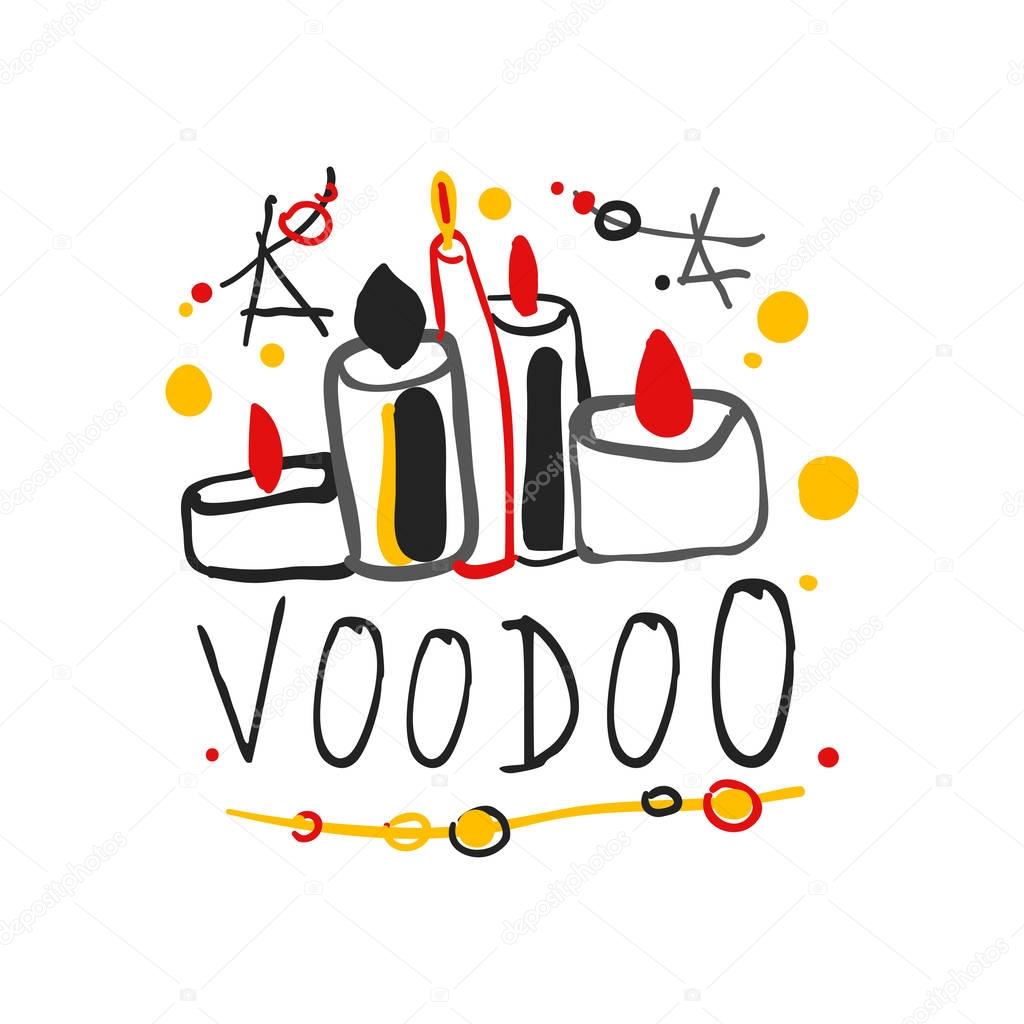 Voodoo African and American magic logo or label design with candles and stars. Spiritual, magical, cultural symbols. Traditional religion. Hand drawn mystical vector illustration isolated on white.