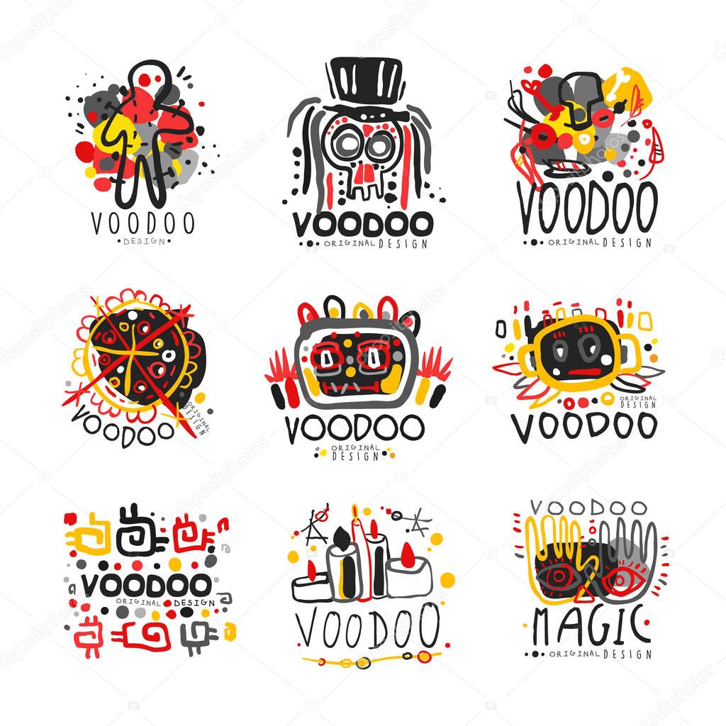 Voodoo African and American magic label design set with skulls, dolls, needles. Spiritual, magical, cultural symbols. Traditional religion. Hand drawn mystical vector illustration isolated on white.