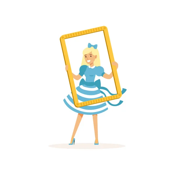 Actriz en vestido retro azul mirando a través del marco — Archivo Imágenes Vectoriales