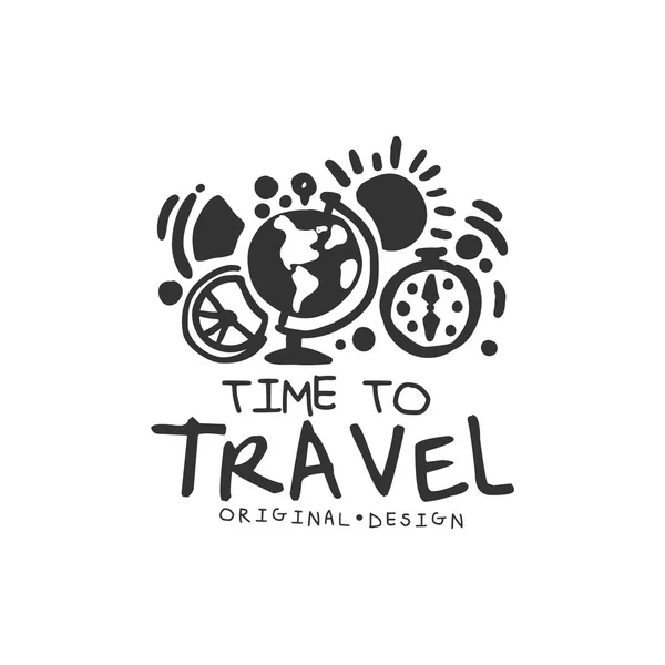Time to travel logo with globe and compass — Stock Vector