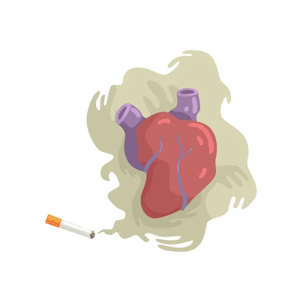 Humo de cigarrillo y corazón, mal hábito, peligros de fumar, adicción a la nicotina vector de dibujos animados Ilustración — Archivo Imágenes Vectoriales