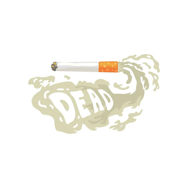 Cigarrillo ardiente con humo e inscripción Muerto, mal hábito, adicción a la nicotina vector de dibujos animados Ilustración — Archivo Imágenes Vectoriales