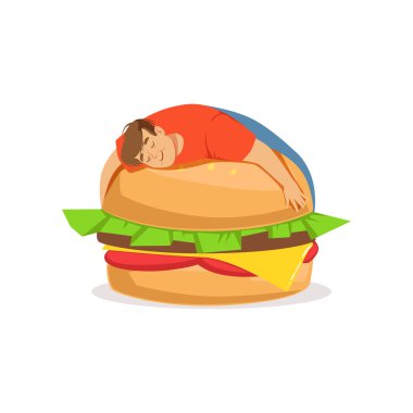 Şişman obez adam uyuyan bir dev hamburger, kötü alışkanlık vektör çizim