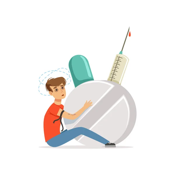 Drug addicted man with giant syringe and pill vector Illustration — Stock Vector