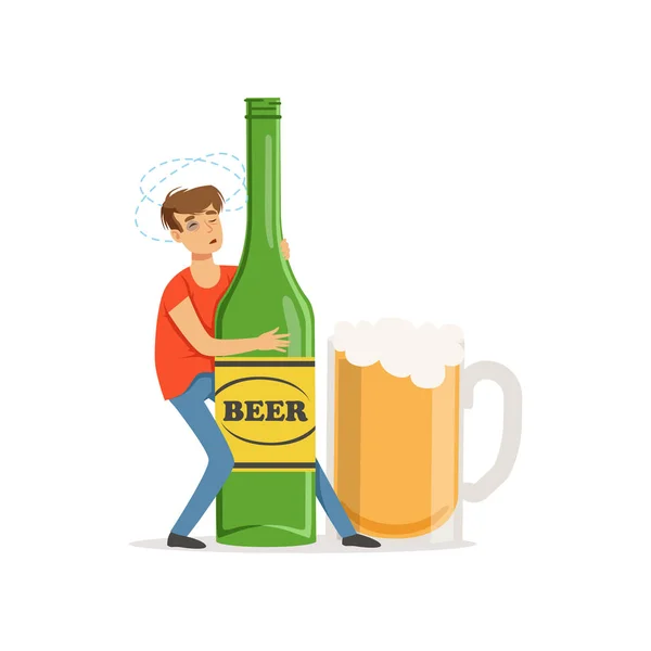 Ung man håller överdimensionerade flaska öl, alkoholberoende, dålig vana vektor Illustration — Stock vektor