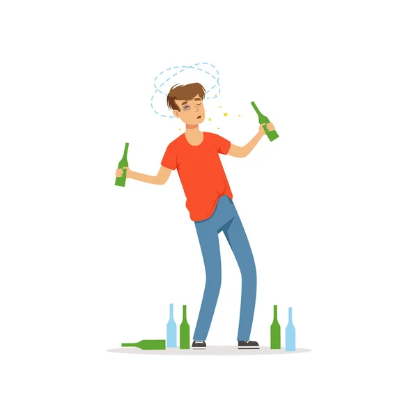 Homme ivre debout parmi les bouteilles vides sur le sol, dépendance à l'alcool, mauvaise habitude vecteur Illustration — Image vectorielle