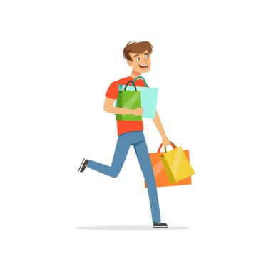 Kağıt poşetler, deli adam Alışverişkoliğin adam kötü alışkanlık vektör çizim