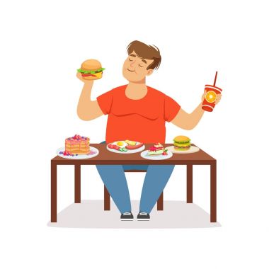 Şişman obez adam yemek lokanta, kötü alışkanlık vektör çizim