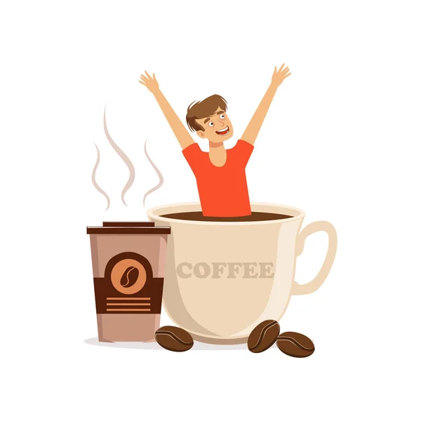 Young man sitting in oversized cup of coffee, caffeine addiction, bad habit vector Illustration — Stock Vector