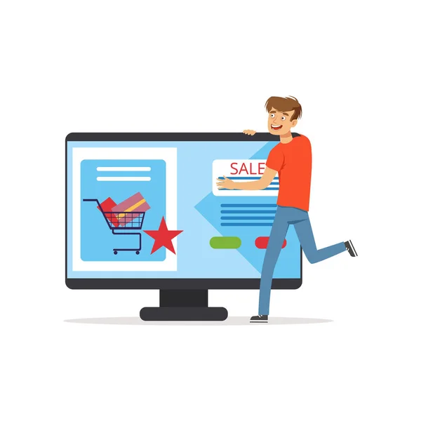 Crazy man with giant computer, online shopping, shopaholic man vector Illustration — Stock Vector