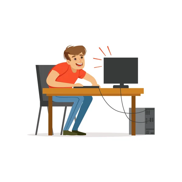 Gestresst depressief man aan het werk met de computer, slechte gewoonte, computer verslaving vector illustratie — Stockvector