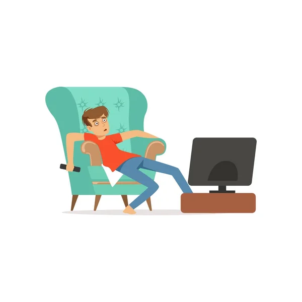 年轻男子坐在扶手椅上看电视，坏习惯，电视瘾矢量图 — 图库矢量图片