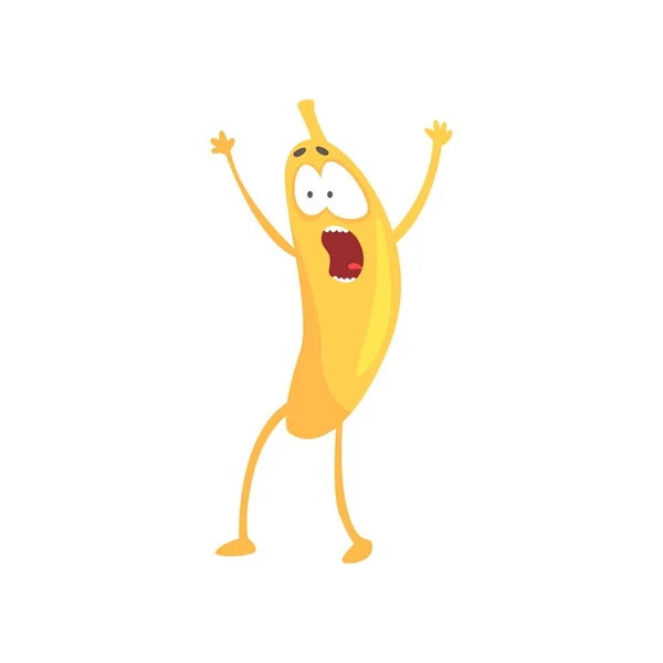 Смешной испуганный банан, мультяшный фруктовый персонаж вектор иллюстрации — стоковый вектор