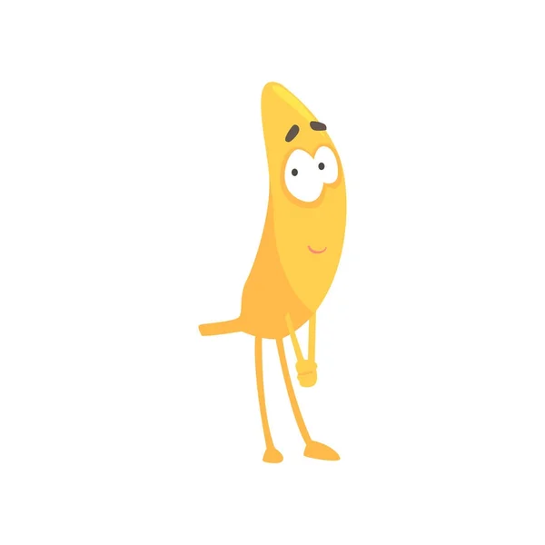 Banane timide souriante, dessin animé personnage de fruit drôle vecteur Illustration — Image vectorielle