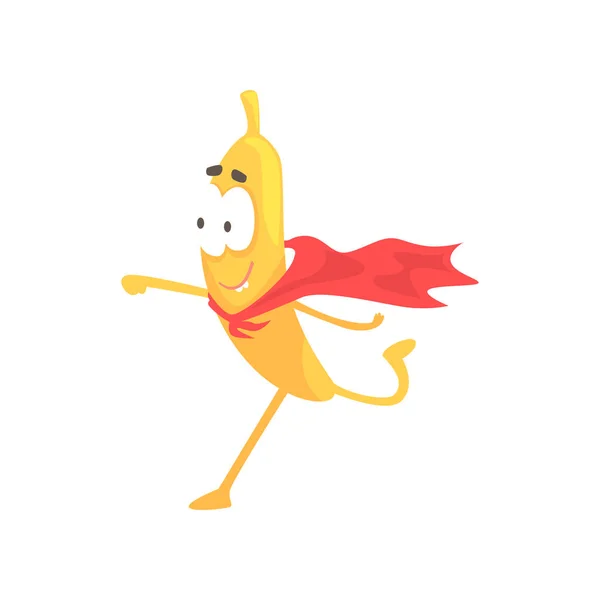 Banán szuperhős, vicces gyümölcs rajzfilmfigura vektoros illusztráció — Stock Vector