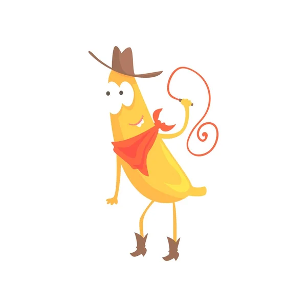 Cowboy banane dans le chapeau traditionnel américain avec lasso, dessin animé drôle vecteur de personnage de fruits Illustration — Image vectorielle