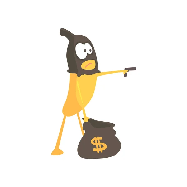 Lupič banán v masce drží ruka dělo a tašku s znak dolaru, kreslené vtipné ovocný charakter vektorové ilustrace — Stockový vektor