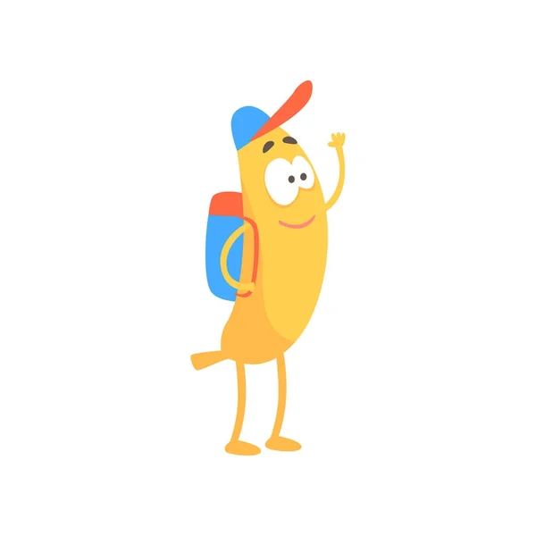 Banaan schooljongen met rugzak, grappige fruit stripfiguur vector illustratie — Stockvector