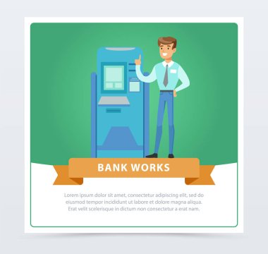 Danışman Yöneticisi adam Atm yanında duran, banka banner reklam broşürü, Tanıtım Broşürü poster, sunu düz vektör öğe Web sitesi veya hareket eden app için çalışır