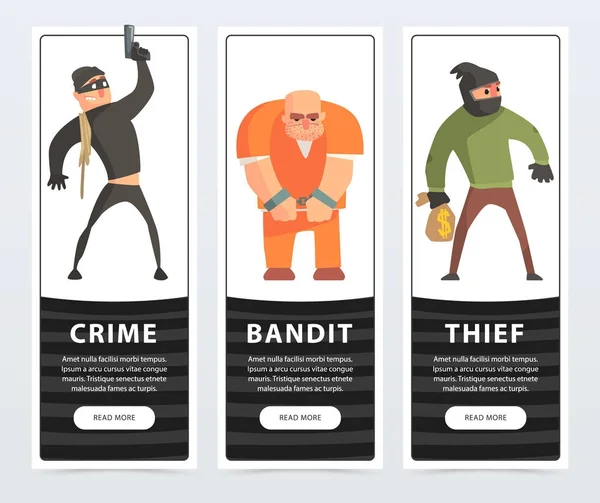 Misdaad, bandit, dief, crimineel en veroordeelde banners cartoon vectorelementen voor website of mobiele app — Stockvector