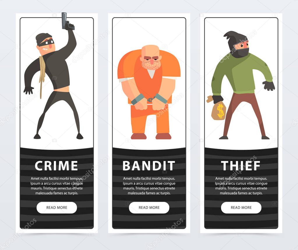 Crime, bandit, thief, criminal and convict banners cartoon vector elements for website or mobile app