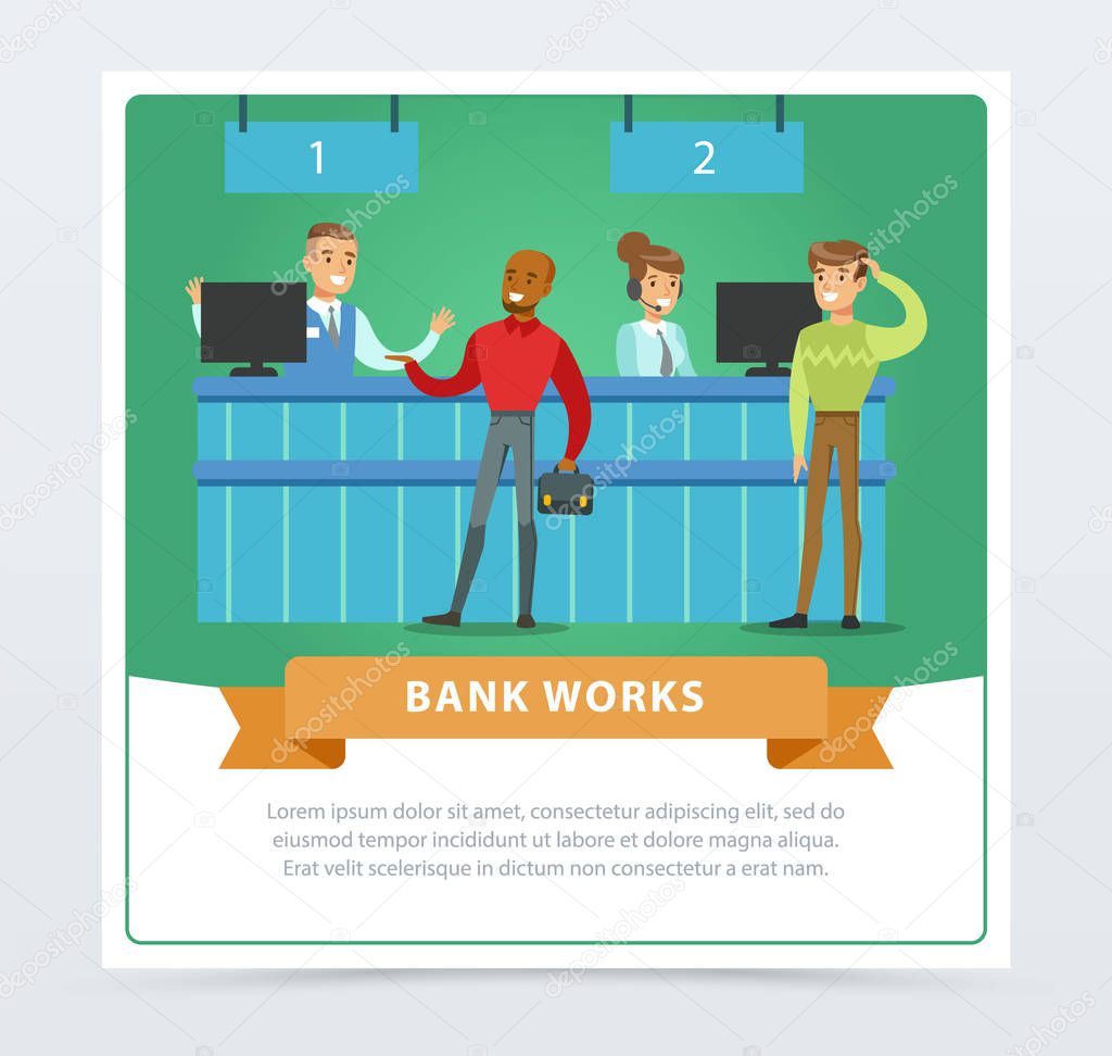 Clients and managers at the bank office, bank works banner for advertising brochure, promotional leaflet poster, presentation flat vector element for website or mobile app