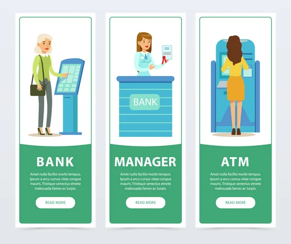 Banking dienst ingesteld, Atm-, registratie- en betalingsgegevens terminal, personeel, klanten, bank werkt banners voor reclame brochure, promotiebrochure poster, presentatie platte vector-elementen voor website of — Stockvector