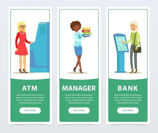 Banking dienst ingesteld, Atm, registratie en betaling terminal, werknemers, klanten, bank werkt banners voor reclame brochure, promotiebrochure poster, presentatie platte vector-elementen voor website of — Stockvector