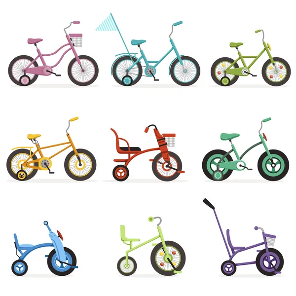 Gyerek kerékpárok készlet különböző típusú, különböző váztípusokkal színes kerékpárok vektor illusztrációk — Stock Vector