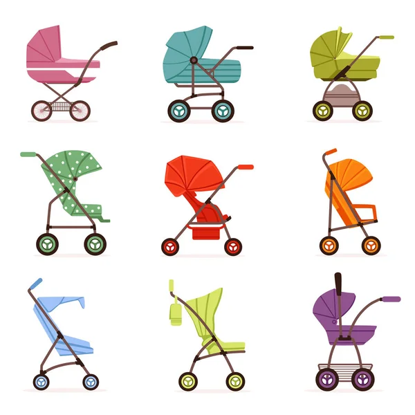 Conjunto de cochecitos de bebé, diferentes tipos de transporte para niños, vector colorido Ilustraciones — Archivo Imágenes Vectoriales