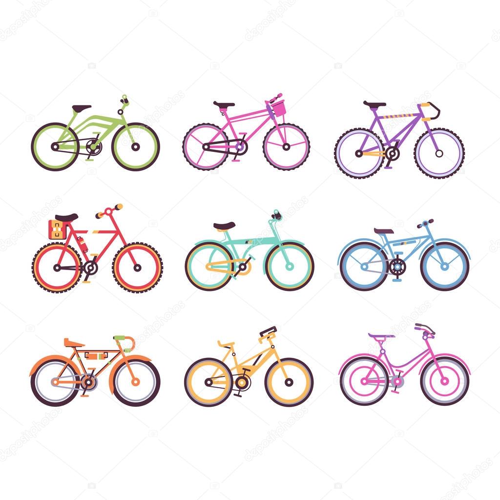 Various types of bikes for male, female and kids set, colorful bicycles with different frame types vector Illustrations