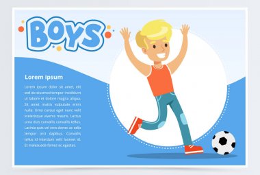 Çocuk plalying gülümseyerek futbol, çocuklar banner reklam broşürü, Tanıtım Broşürü poster, sunum için düz vektör öğe Web sitesi veya hareket eden app için