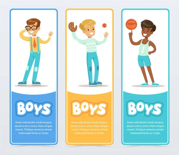 Активные мальчики играют в различные виды спорта, мальчики баннеры для рекламной брошюры, рекламные плакаты, презентации плоские векторные элементы для веб-сайта или мобильного приложения — стоковый вектор